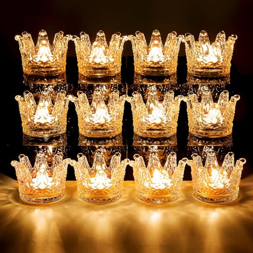 Larcenciel 12 Stück Teelichthalter, Kristall Krone Kerzenständer Goldene Transparente Teelichtgläser Glas Kerzenhalter, Kleine Teelichtdekorationen für Urlaub, Hochzeiten, Geburtstage, Weihnachten von Larcenciel