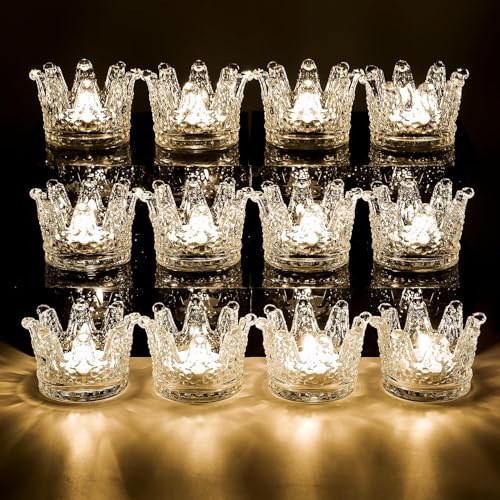 Larcenciel 12 Stück Teelichthalter, Kristall Krone Kerzenständer Transparenter Teelichtgläser Glas Kerzenhalter, Kleine Teelichtdekorationen für Urlaub, Hochzeiten, Geburtstage, Weihnachten von Larcenciel
