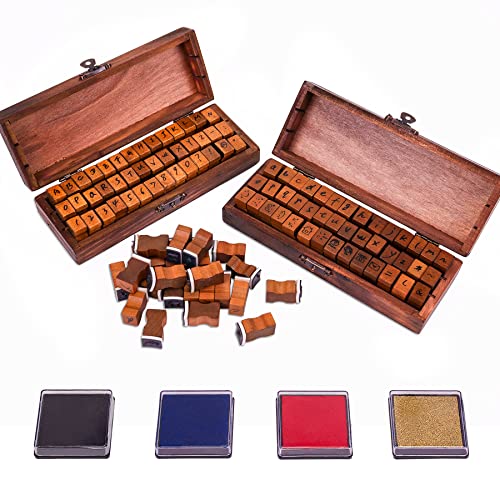 Larcenciel Buchstaben Stempel, 2er-Set Alphabet Stempel 84 Stück Groß- und Kleinbuchstaben, Zahlen und Symbolen, Stamp Personalisiert mit Buntem Stempelkissen, Holzstempel für Handwerk, Scrapbooking von Larcenciel