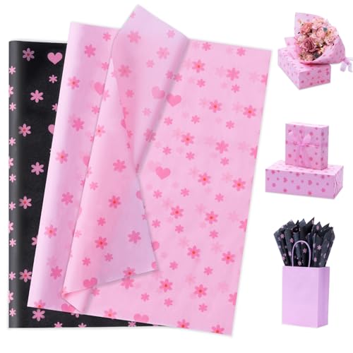 Larcenciel Herzblumen Seidenpapier, 60 Blatt Vintage Gänseblümchen Seidenpapier Verpackungsmaterial, Schwarz Rosa Geschenkpapier für Geburtstage Babyparty Hochzeit Jubiläen Basteln Dekoration 50x35CM von Larcenciel