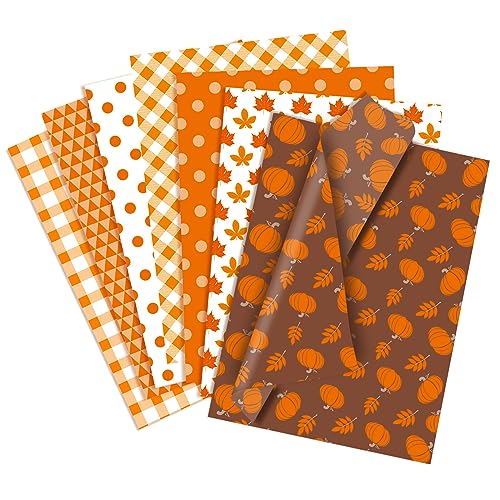 Larcenciel Halloween Seidenpapier 70 Blatt, Herbst Seidenpapier zum Verpacken, Thanksgiving Geschenkpapier mit Ahornblätter Kürbis Geometrische Muster, Verpackungsmaterial für Geschenk, 50×35cm von Larcenciel