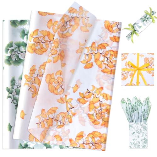 Larcenciel Seidenpapier Ginkgo Blatt, 60 Blatt Herbst Aquarell Seidenpapier Verpackungsmaterial, Orange Grün Geschenkpapier Packseide für Herbst Winter Geburtstage Hochzeit Basteln Partydeko, 50x35CM von Larcenciel