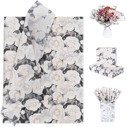 Larcenciel Seidenpapier Vintage Aquarell Blume, 60 Blatt Schwarz Beige Seidenpapier Verpackungsmaterial, Hübsch Camellia Geschenkpapier für Geburtstage Babyparty Hochzeit Jubiläen Basteln, 50x35CM von Larcenciel