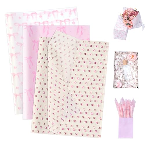 Larcenciel Seidenpapier mit Schleife, 60 Blatt Seidenpapier Verpackungsmaterial - Rosa, Gelb, Weiß, Süß Kokette Geschenkpapier Packseide für Füllmaterial Geburtstage Hochzeit Jubiläen Basteln 50x35CM von Larcenciel