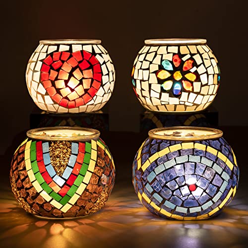 Larcenciel Teelichthalter 4 Stück, Mosaik Kerzenständer Glas Romantischer Teelichtgläser mit Herz- und Blumenmotiv Handgemachte Kerzenhalter, Bunte Teelichtdeko für Geburtstage, Weihnachten, Partys von Larcenciel