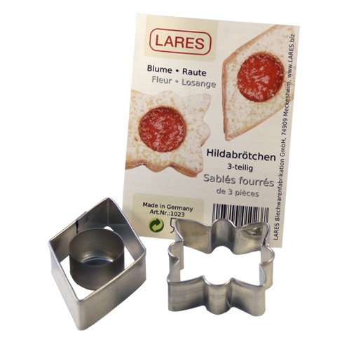 Lares Hildabrötchenausstecher aus Weißblech - ideal für Kekse, Plätzchen oder Fondant - 3-teilig - Motiv: Blume-Raute - Ø ca. 5 cm, H: ca. 1,7 cm - Made in Germany von Lares