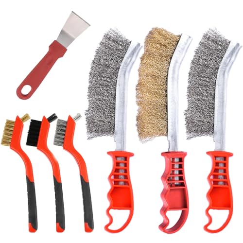 Edelstahl Drahtbürsten 7er Set - Industrietaugliche Stahlbürsten mit Diamant-Borsten，für Entrosten/Schweißschlacker, Inkl. Gummigriff & Winkelschaber - für Metall/Holz/Beton von LaresDay