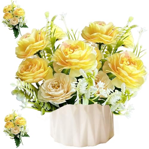 LaresDay 2 Bündel Künstliche Pfingstrosen Blumenstrauß aus Seide - Seidenblumen für Hochzeitsdeko, Partei, Blumendekoration, Tischarrangement, Heim & Küche (Gelb) von LaresDay