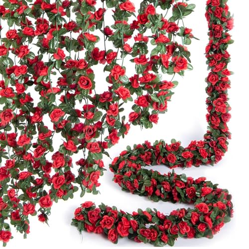 LaresDay 2 Stück Rosenblütengirlande 2,4 Meter mit 45 Blüten - Künstliche Seidenblumen Hängend für Hochzeitsbogen, Gartendekoration, Balkon, Wohnzimmer, Wandgestaltung, Bürodécor (Rot) von LaresDay