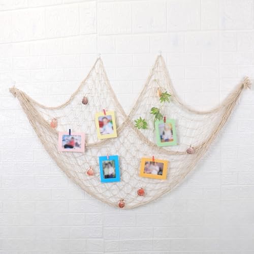 LaresDay 200x100cm Deko Fischernetz mit Farbigen Muscheln - Maritimer & Mediterraner Stil Wandbehang für Wohnzimmer, Schlafzimmer, Party | Hintergrundwanddekoration für Küsten (Beige Weiß) von LaresDay