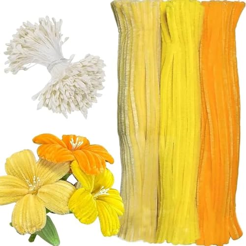 LaresDay 300 Stück DIY Blumen Bastelset |Rosa Gelbe Pfeifenreiniger zum Basteln mit 300 Weißen Staubgefäßen | Pipe Cleaner zum Blumen, Tiere & Figuren Basteln für Kinder, Erwachsene und Schule (Gelb) von LaresDay