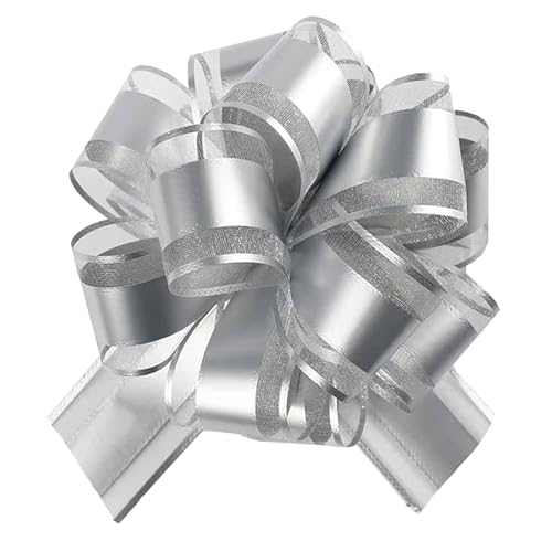 LaresDay Auto Dekor Schleifen Set, 5 Stück XXL Geschenkband mit Goldfolie für Hochzeitsauto, Partydekoration, HausEinweihung & Feiern – Wiederverwendbare Riesen-Schleifen für Tüten (Silber) von LaresDay