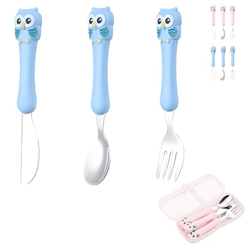 LaresDay Eulen-Kinderbesteck Set mit Aufbewahrungsbox | 3-teilig Edelstahl (Messer/Gabel/Löffel) | Sicherer Griff ab 12 Monate | Lernbesteck für Kindergarten & Baby-led Weaning (Blau) von LaresDay
