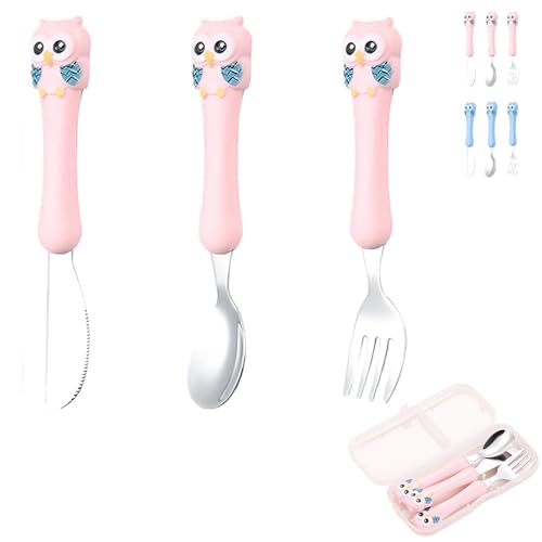 LaresDay Eulen-Kinderbesteck Set mit Aufbewahrungsbox | 3-teilig Edelstahl (Messer/Gabel/Löffel) | Sicherer Griff ab 12 Monate | Lernbesteck für Kindergarten & Baby-led Weaning (Rosa) von LaresDay