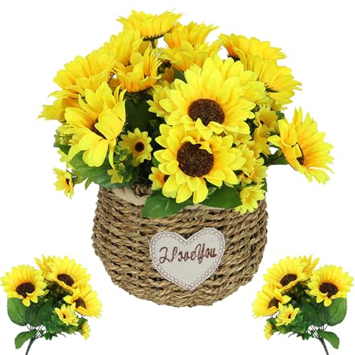 LaresDay Gelb Künstliche Sonnenblumen - 13 Blüten pro Strauß - 2 Stiele = 1 Set - Groß, Realistisch & Wetterfest - Strauß Deko für Garten, Künstliche Blumen aus Hochwertigem Kunststoff，Terrasse von LaresDay