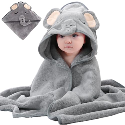 LaresDay Kapuzenhandtuch Baby 80x80 cm - Weiches & Super Saugfähiges Babyhandtuch mit Kapuze aus Korallenvlies für Neugeborene, Unisex, Waschlappen inklusive (Grauer Elefant) von LaresDay