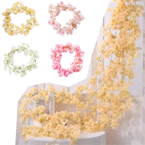 LaresDay Kirschblütengirlande 180cm mit 135 Blüten - Künstliche Sakura Blumengirlande Rosa Blumenranken Hängend für Hochzeitsdekoration, Party Deko, Garten, Wohnung, Fenster, Balkon (Champagnerfarbe) von LaresDay