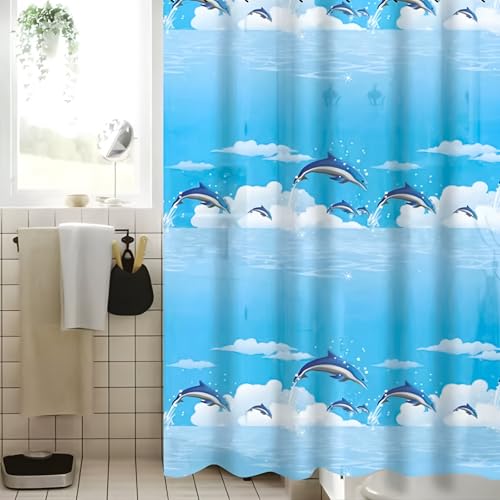 LaresDay Schimmelresistenter Duschvorhang – Moderne gemusterter halbtransparenter PEVA wasserdichter Badezimmervorhang mit 12 Haken, 200 x 180 cm (Delphin) von LaresDay