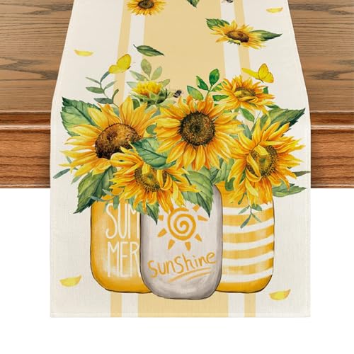 LaresDay Tischläufer 33x183 cm Wasserabweisend & Abwaschbar – Dekorativer Tischläufer für Küche, Esszimmer, Outdoor und Party – Hochwertige Tischdeko aus strapazierfähigem (Sonnenblumenvase 03) von LaresDay