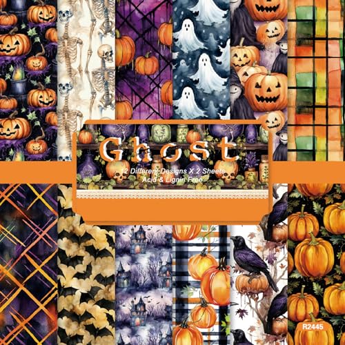 24 Halloween-Musterpapier, Halloween Dekoratives Papier für Kartenherstellung Festliches Scrapbook-Papier Halloween Bastelpapier mit Kürbis-, Gespenster Scrapbook-Dekoration (Geist, 15*15cm) von Larfraecy