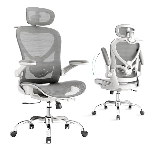 LarkLeaves Bürostuhl Ergonomisch mit 90° Klappbaren Armlehnen, Mesh Schreibtischstuhl mit 2D Lendenwirbelstütze und 3D Kopfstütze für Office Room/Study/Bibliothek, 140 KG Tragfähigkeit, Grau von LarkLeaves