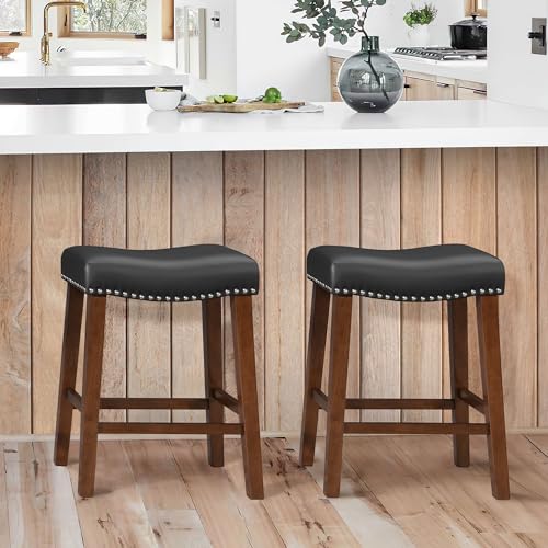 Larksperal 61 cm rückenfreie Barhocker 2er-Set – Thekenhöhe Barhocker mit Kunstleder gepolsterter Sattelsitz, moderne rückenfreie Barhocker aus Holz für Kücheninsel, Schwarz von Larksperal