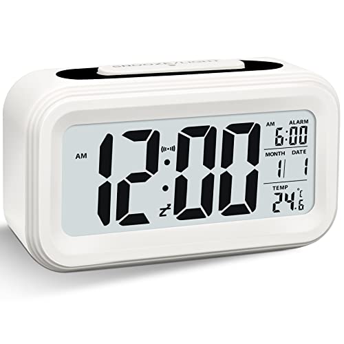 Larkumio Wecker Digital Ohne Ticken, Digitaler Wecker Batteriebetrieben Alarm Clock LED mit Licht Temperaturanzeige Snooze Kinderwecker Laut für Tiefschläfer Kinder Erwachsene, Weiß von Larkumio