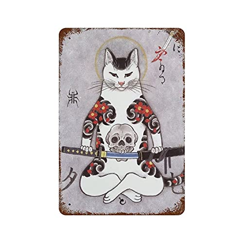 Larkverk Vintage-Blechschild mit japanischem Ninja-Samurai-Katze-Tattoo, Retro-Blechschild für Zuhause, Bar, Büro, Wanddekoration, Geschäft, Wandbild, Badezimmer, 30,5 x 20,3 cm von Larkverk
