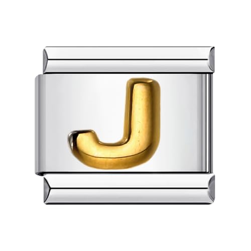 Laroal 2er-Pack Charm-Links für handgefertigte Armbänder, italienische Charms, Goldener Buchstabe AZ, modularer Charm für 9 mm abnehmbare Nomination-Armbänder (10 x 9 mm, Buchstabe J) von Laroal