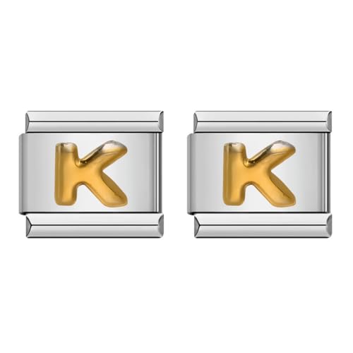 Laroal 2er-Pack Charm-Links für handgefertigte Armbänder, italienische Charms, Goldener Buchstabe AZ, modularer Charm für 9 mm abnehmbare Nomination-Armbänder (10 x 9 mm, Buchstabe K) von Laroal