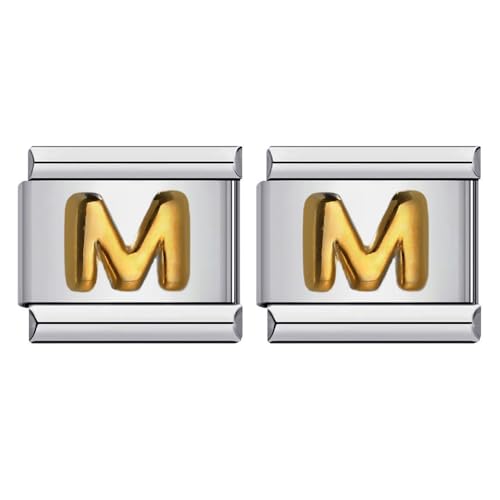 Laroal 2er-Pack Charm-Links für handgefertigte Armbänder, italienische Charms, Goldener Buchstabe AZ, modularer Charm für 9 mm abnehmbare Nomination-Armbänder (10 x 9 mm, Buchstabe M) von Laroal