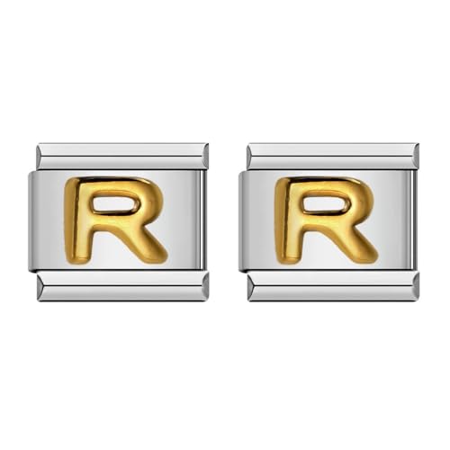 Laroal 2er-Pack Charm-Links für handgefertigte Armbänder, italienische Charms, Goldener Buchstabe AZ, modularer Charm für 9 mm abnehmbare Nomination-Armbänder (10 x 9 mm, Buchstabe R) von Laroal