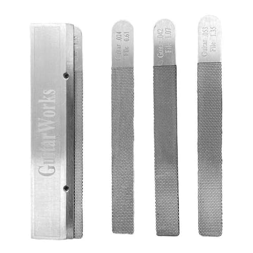 Laroal 4-teiliges Gitarren-Sattelfeilen-Set, runder Schlitz, Gitarrenbunddraht-Ersatz, Feilen-Nivellierwerkzeug, Sattelschlitzfeilen-Set, Holzgitarren-Werkzeug, 95 g, mit Polierwerkzeug von Laroal