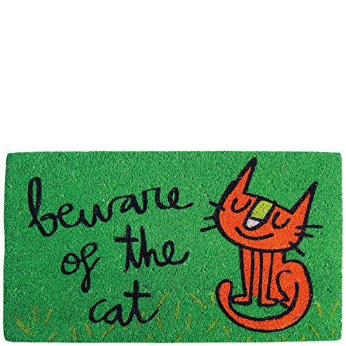 Laroom Fußmatte Motiv Beware of The Cat, Jute and Rutschfester Boden, Grün, 40 x 70 x 1.8 cm von Laroom