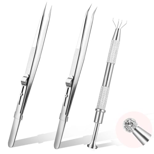 Larrel 3 Stück Piercing Zange für Kugeln, Edelstahl Schmuck Pinzette Diamant Pick Up Tool Prong Klaue Pinzette SpitzePinzette Abgewinkelte Edelsteine Grabber für Stein Diamant Schmuck Perlen Uhren von Larrel