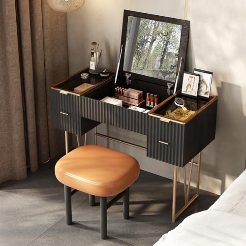 Lartis Flip Top Schminktisch Stilvoller Schminktisch mit Hocker, Schminktisch, beidseitig verwendbarer Schminkspiegel, verstecktes Staufach, sehr einfach zu montieren von Lartis