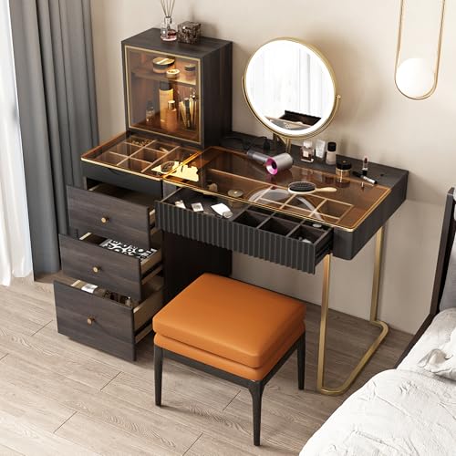Lartis Schminktisch Set mit LED-Spiegel, 5 Schubladen, Hocker, Seitenschrank, Schwarz-Gold, Glasplatte von Lartis