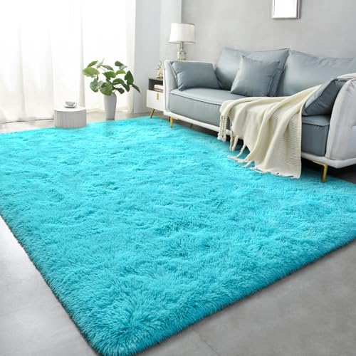 Lascpt Teppich für Wohnzimmer, super flauschiger flauschiger Flauschiger Teppich für Schlafzimmer, blauer, pelziger Zottelteppich, 10 x 15 cm, waschbarer Kinderzimmerteppich, Dekorationen von Lascpt