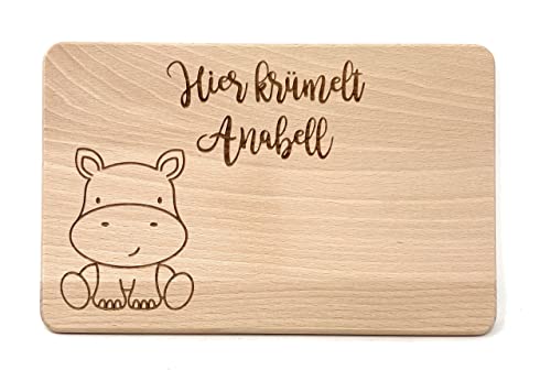 "Hier krümelt..." Brotzeit Brettchen mit verschiedenen Tier Motiven - unbehandeltes Brett mit hochwertiger Gravur (Nilpferd) von Laser Tattoo