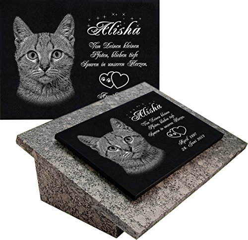 LaserArt24 Granit Grabstein, Grabplatte oder Grabschmuck mit dem Motiv Katze-gg08s und Ihrem Foto/Text und Daten von LaserArt24