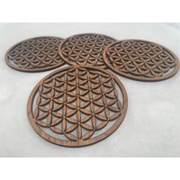 4-Er Set Blume Des Lebens "Filigran" Glasuntersetzer, Coaster Holz Kirsche Lasergeschnitten von LaserArtFactory