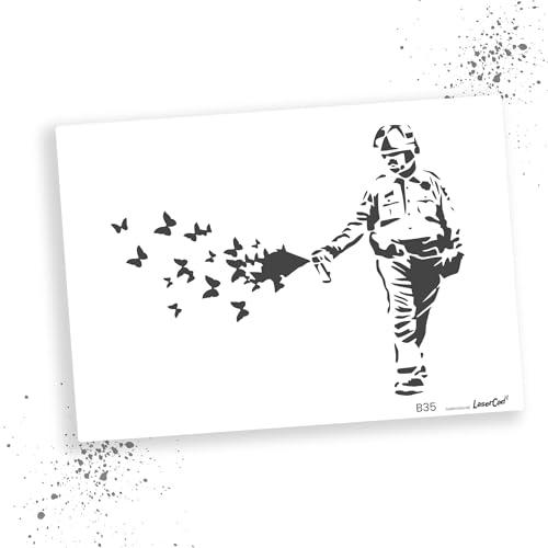 LaserCad Schablonen BANKSY Streetart (B035, Cop Spraying Butterflies Graffiti, DIN A7) Stencil für Graffiti, Airbrush, Kunst, Deko, zum Malen von LaserCad