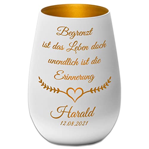 Trauerlicht/Windlicht/Personalisierte Gravur - Namen und Datum - Begrenzt ist das Leben - weiß/Gold - Gedenklicht Erinnerungslicht Grablicht Trauergeschenk von Albcraft MADE WITH LOVE