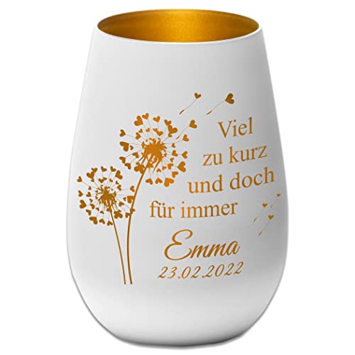 Trauerlicht/Windlicht/Personalisierte Gravur - Namen und Datum - Viel zu kurz und doch für Immer - weiß/Gold - Gedenklicht Erinnerungslicht Grablicht Trauergeschenk von Albcraft MADE WITH LOVE