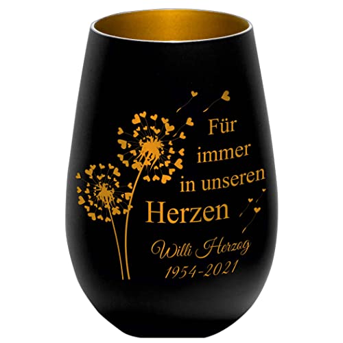 Trauerlicht - Für Immer in unseren Herzen - schwarz/Gold - Gravur Namen und Datum - Gedenklicht Erinnerungslicht Grablicht Trauergeschenk von Albcraft MADE WITH LOVE