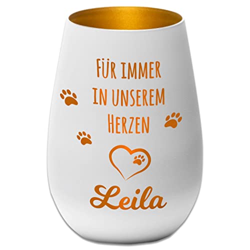 Trauerlicht Windlicht Haustier Hund Katze - Für Immer in unserem Herzen - weiß/Gold - Personalisierbar mit Gravur und Namen - Gedenklicht Erinnerungslicht Grablicht Trauergeschenk von Albcraft MADE WITH LOVE