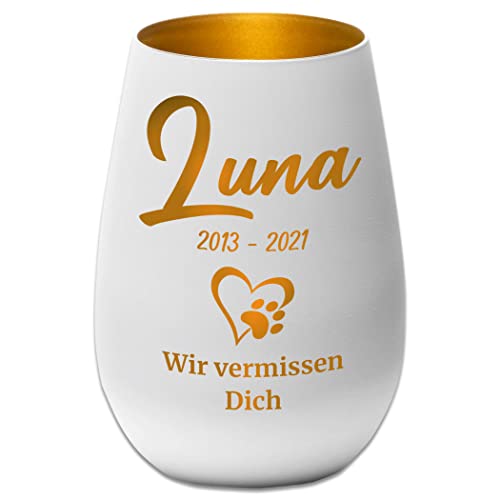 Laserfy Trauerlicht Windlicht personalisiert mit Gravur und Namen - Wir vermissen Dich weiß / Gold Haustier Hund Katze Gedenklicht Erinnerungslicht Grablicht Trauergeschenk von Laserfy