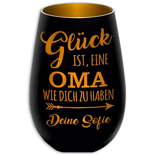 Windlicht mit Gravur - Glück ist eine Oma wie Dich zu haben - Schwarz / Gold - mit Namen personalisierbar - Gravur - Teelichthalter - Kerzenhalter von Albcraft MADE WITH LOVE