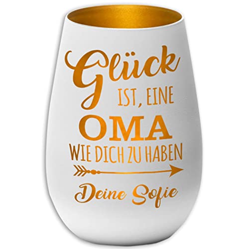 Windlicht mit Gravur - Glück ist eine Oma wie Dich zu haben - Weiß / Gold - mit Namen personalisierbar - Gravur - Teelichthalter - Kerzenhalter von Albcraft MADE WITH LOVE