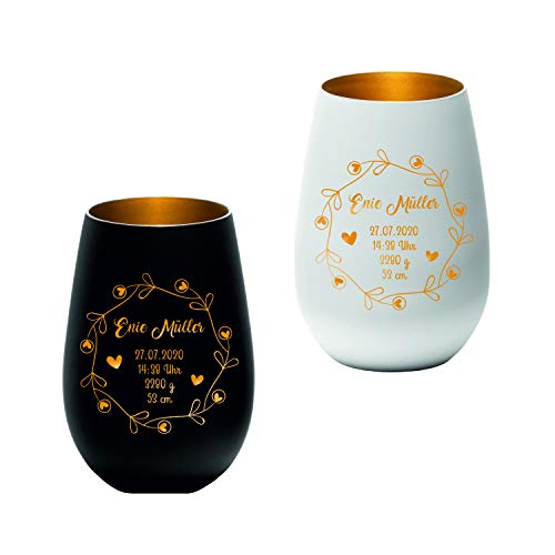 Windlicht mit Lasergravur personalisiert - weiß - schwarz - Geschenk zur Geburt - Babyparty von Laserfy